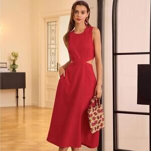 RIHOAS The Red Round Neck Cut-Out Midi Dress S